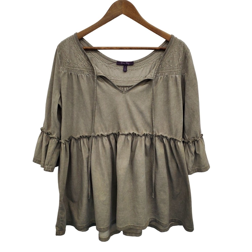 Olivia Sky‎ Womens Boho Peasant Tunic Top Size M Green Bell Sleeve Keyhole Neck
